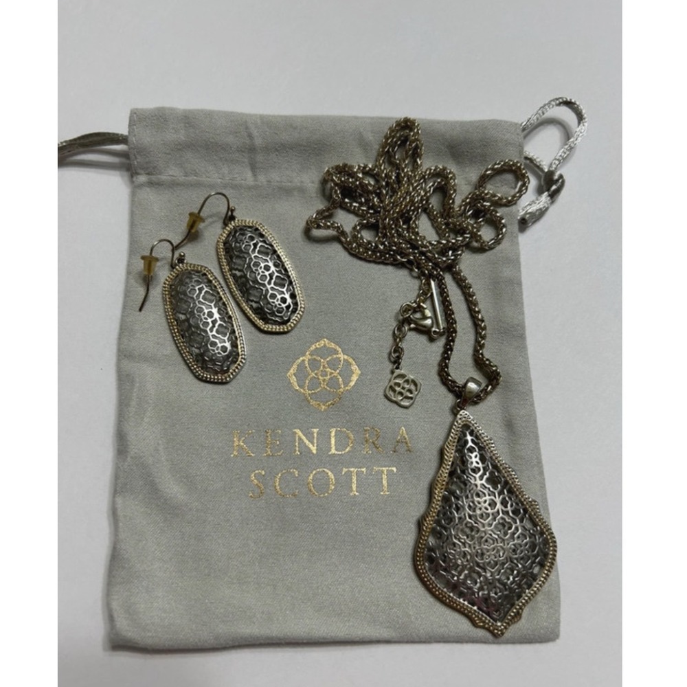 Kendra Scott Filigree Necklace and Earrings Set Silver Gold Tone Mixed Metal